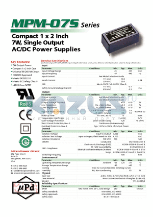 MPM-07S-15 datasheet - Compact 1 x 2 Inch 7W, Single Output AC/DC Power Supplies