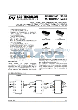 M54HC4051M1R datasheet - ANALOGMULTIPLEXER/DEMULTIPLEXER: SINGLE8CHANNEL, DUAL 4CHANNEL, TRIPLE2CHANNEL