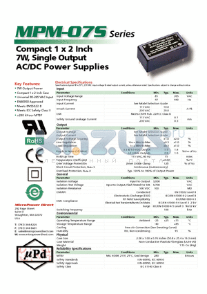 MPM-07S-05 datasheet - Compact 1 x 2 Inch 7W, Single Output AC/DC Power Supplies