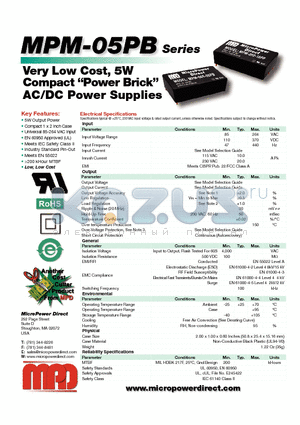 MPM-05S-15PB datasheet - Very Low Cost, 5W Compact Power Brick AC/DC Power Supplies