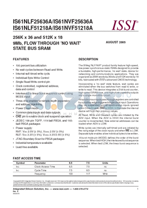 IS61NLF51218A-7.5B2 datasheet - 256K x 36 and 512K x 18 9Mb, FLOW THROUGH (NO WAIT) STATE BUS SRAM