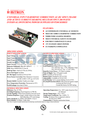 HVP200-293 datasheet - UNIVERSAL INPUT HARMONIC CORRECTION AC-DC OPEN FRAME AND ACTIVE CURRENT SHARING MULTI-OUTPUT 200 WATTS INTERNAL SWITCHING POWER SUPPLIES