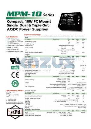 MPM-10ID-0512 datasheet - Compact, 10W PC Mount Single, Dual & Triple Out AC/DC Power Supplies