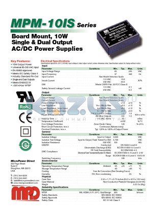 MPM-10D-12IS datasheet - Chassis Mount, 15W Single, Dual & Triple Out AC/DC Power Supplies