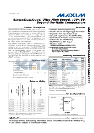 MAX964 datasheet - Single/Dual/Quad, Ultra-High-Speed, 3V/5V, Beyond-the-Rails Comparators