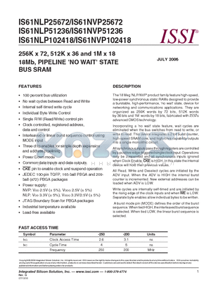 IS61NLP102418-200TQI datasheet - 256K x 72, 512K x 36 and 1M x 18 18Mb, PIPELINE (NO WAIT) STATE BUS SRAM