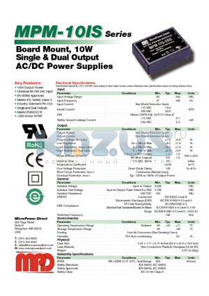 MPM-10S-05IS datasheet - Chassis Mount, 15W Single, Dual & Triple Out AC/DC Power Supplies