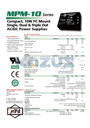 MPM-10T-0512 datasheet - Compact, 10W PC Mount Single, Dual & Triple Out AC/DC Power Supplies
