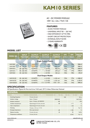 KAM1015D datasheet - AC - DC POWER MODULE 10W UL / cUL / TUV / CE