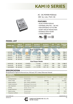 KAM10503D datasheet - AC - DC POWER MODULE 10W UL / cUL / TUV / CE