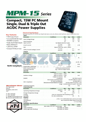 MPM-15D-12 datasheet - Compact, 15W PC Mount Single, Dual & Triple Out AC/DC Power Supplies