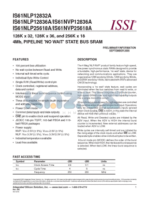 IS61NLP12832A-250B2I datasheet - 128K x 32, 128K x 36, and 256K x 18 4Mb, PIPELINE (NO WAIT) STATE BUS SRAM