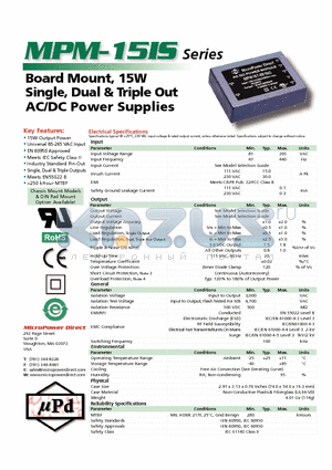 MPM-15S-05IS datasheet - Board Mount, 15W Single, Dual & Triple Out AC/DC Power Supplies