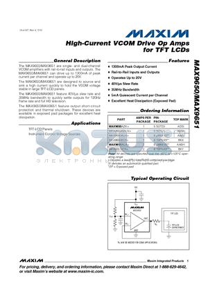 MAX9650 datasheet - High-Current VCOM Drive Op Amps for TFT LCDs