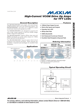 MAX9650 datasheet - High-Current VCOM Drive Op Amps for TFT LCDs