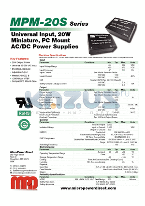 MPM-20S-05 datasheet - Universal Input, 20W Miniature, PC Mount AC/DC Power Supplies