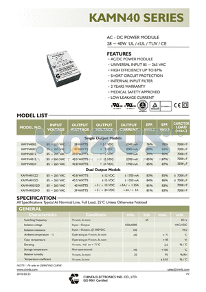 KAMN40524D datasheet - AC - DC POWER MODULE 28 ~ 40W UL / cUL / TUV / CE