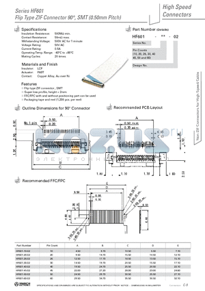 HF601-60-02 datasheet - Flip Type ZIF Connector 90`, SMT (0.50mm Pitch)