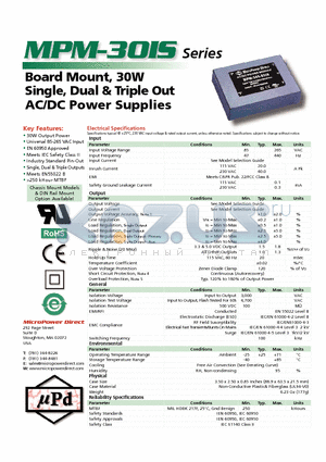 MPM-30S-12IS datasheet - Board Mount, 30W Single, Dual & Triple Out AC/DC Power Supplies