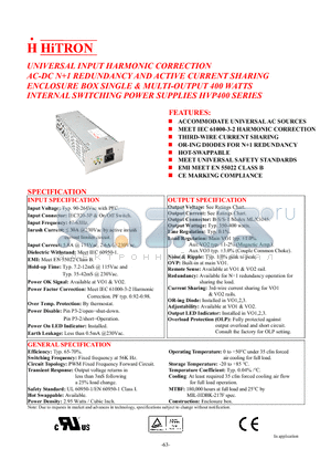 HVP400-S360110 datasheet - UNIVERSAL INPUT HARMONIC CORRECTION AC-DC N1 REDUNDANCY AND ACTIVE CURRENT SHARING ENCLOSURE BOX SINGLE & MULTI-OUTPUT 400 WATTS INTERNAL SWITCHING