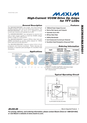 MAX9651AUA+ datasheet - High-Current VCOM Drive Op Amps for TFT LCDs