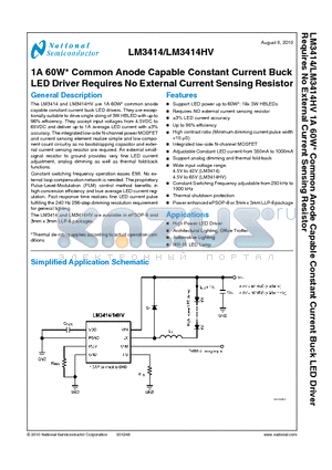 LM3414HVSDX datasheet - 1A 60W* Common Anode Capable Constant Current Buck LED Driver Requires No External Current Sensing Resistor