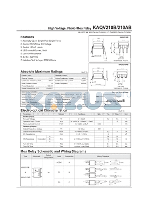 KAQV210AB datasheet - High Voltage, Photo Mos Relay