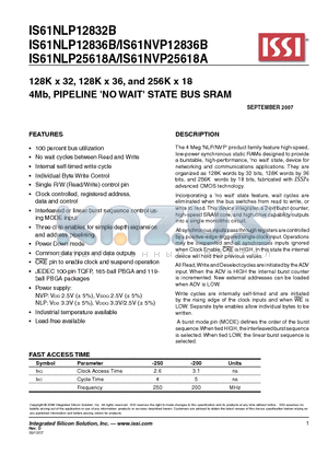 IS61NLP25618A datasheet - 128K x 32, 128K x 36, and 256K x 18 STATE BUS SRAM