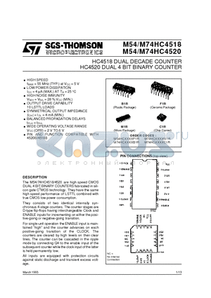 M54HC4518F1R datasheet - HC4518 DUAL DECADE COUNTER HC4520 DUAL 4 BIT BINARY COUNTER