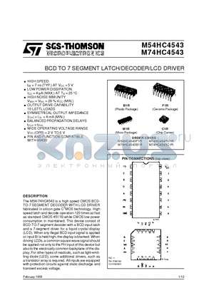 M54HC4543 datasheet - BCD TO 7 SEGMENT LATCH/DECODER/LCD DRIVER