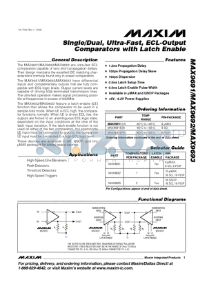 MAX9692 datasheet - Single/Dual, Ultra-Fast, ECL-Output Comparators with Latch Enable