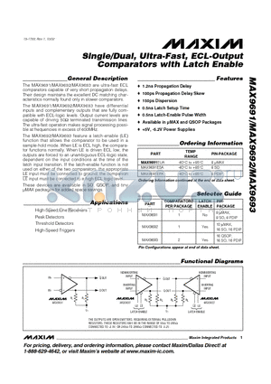 MAX9693ESE datasheet - Single/Dual, Ultra-Fast, ECL-Output Comparators with Latch Enable