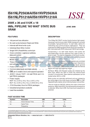 IS61NLP51218A-250TQI datasheet - 256K x 36 and 512K x 18 9Mb, PIPELINE (NO WAIT) STATE BUS SRAM