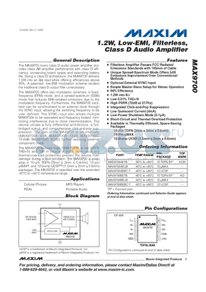 MAX9700AEUB datasheet - 1.2W, Low-EMI, Filterless, Class D Audio Amplifier