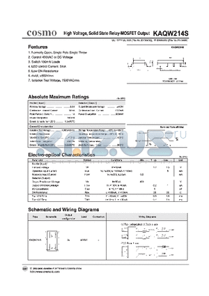 KAQW214S datasheet - High Voltage, Solid State Relay-MOSFET Output