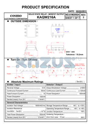 KAQW216A datasheet - PRODUCT SPECIFICATION