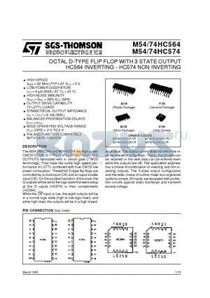 M54HC574F1R datasheet - OCTAL D-TYPE FLIP FLOP WITH 3 STATE OUTPUT HC564 INVERTING - HC574 NON INVERTING