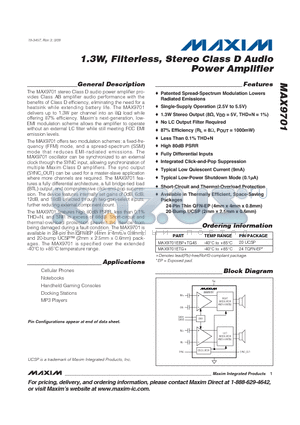 MAX9701ETG+ datasheet - 1.3W, Filterless, Stereo Class D Audio Power Amplifier