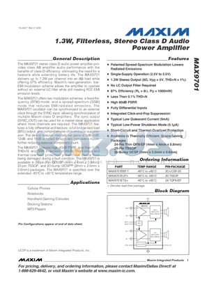MAX9701EUP+ datasheet - 1.3W, Filterless, Stereo Class D Audio Power Amplifier