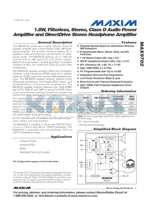 MAX9702 datasheet - 1.8W, Filterless, Stereo, Class D Audio Power Amplifier and DirectDrive Stereo Headphone Amplifier