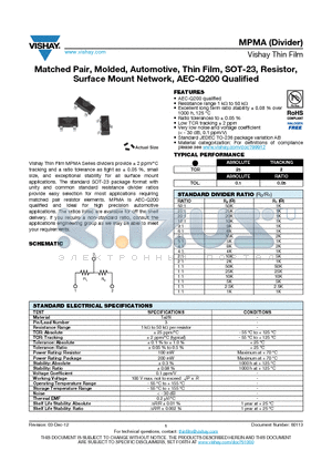 MPMA10011002AT1 datasheet - Matched Pair, Molded, Automotive, Thin Film, SOT-23, Resistor