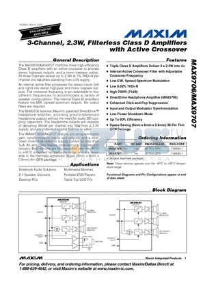 MAX9706ETX+ datasheet - 3-Channel, 2.3W, Filterless Class D Amplifiers with Active Crossover
