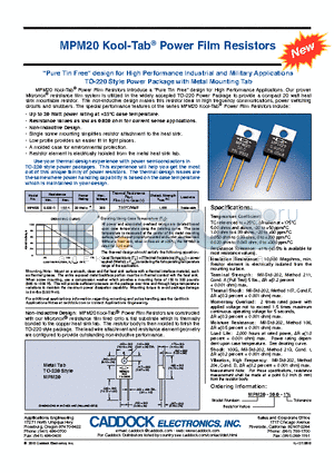 MPM20 datasheet - MPM20 Kool-Tab^ Power Film Resistors