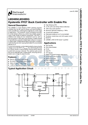 LM3489 datasheet - Hysteretic PFET Buck Controller with Enable Pin