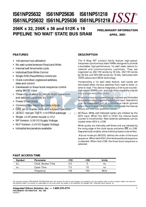 IS61NP51218-5TQI datasheet - 256K x 32, 256K x 36 and 512K x 18 PIPELINE NO WAIT STATE BUS SRAM