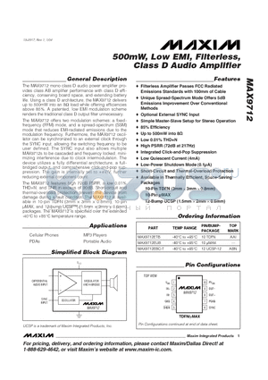MAX9712EBC-T datasheet - 500mW, Low EMI, Filterless, Class D Audio Amplifier