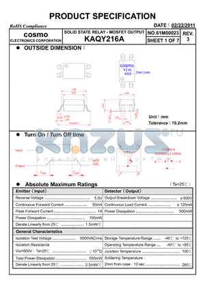 KAQY216A datasheet - PRODUCT SPECIFICATION