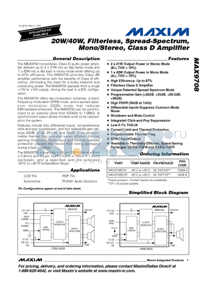 MAX9708ECB datasheet - 20W/40W, Filterless, Spread-Spectrum, Mono/Stereo, Class D Amplifier