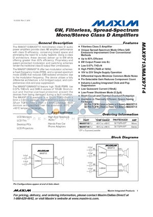 MAX9714ETJ datasheet - 6W, Filterless, Spread-Spectrum Mono/Stereo Class D Amplifiers