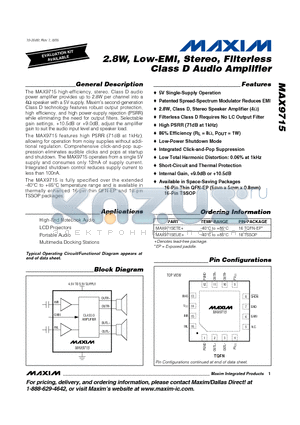 MAX9715 datasheet - 2.8W, Low-EMI, Stereo, Filterless Class D Audio Amplifier